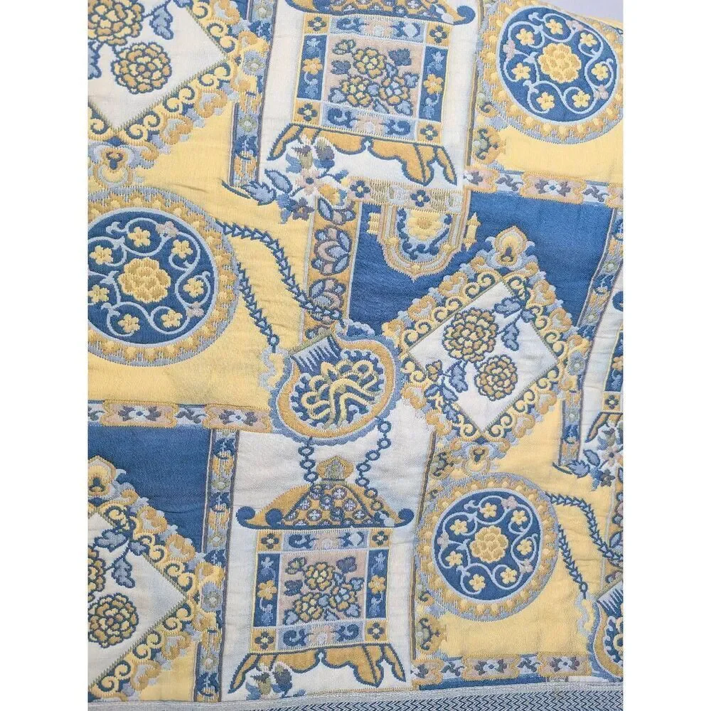 Vintage Chinoiserie Pagoda Tapestry Blue & Yellow Wall Hanging / Textile Art